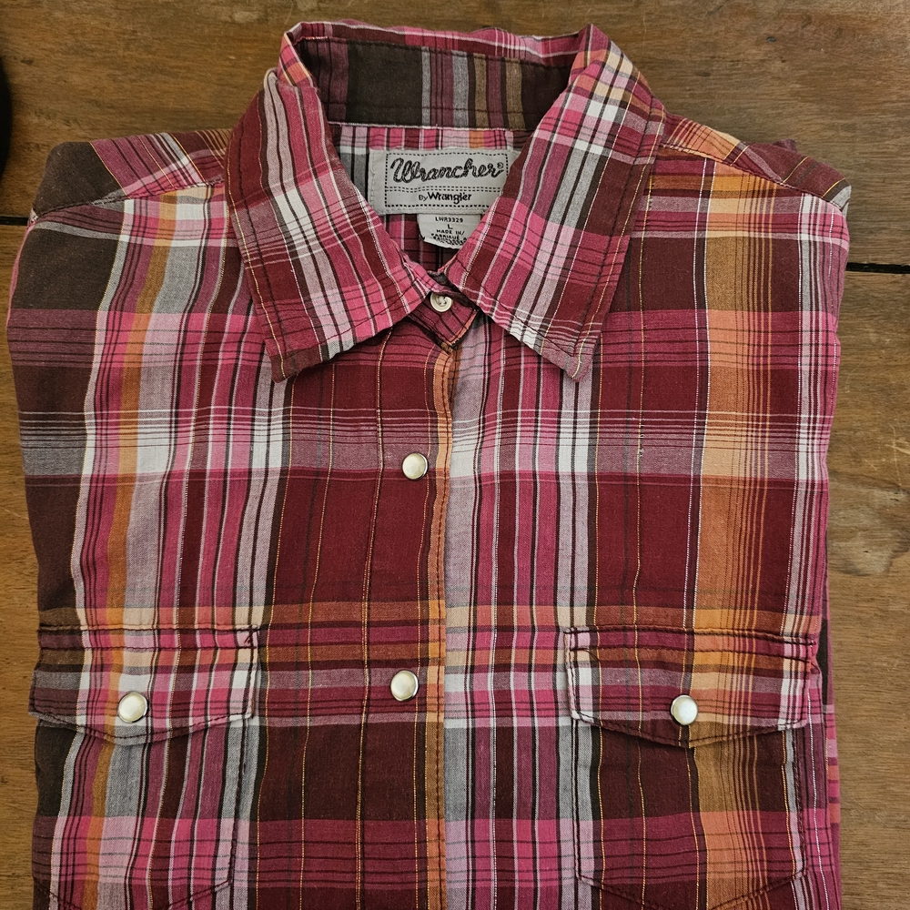 Wrancher by Wrangler Pearl Snap Shirt Women’s Large Plaid Metallic Threading - Picture 8 of 8
